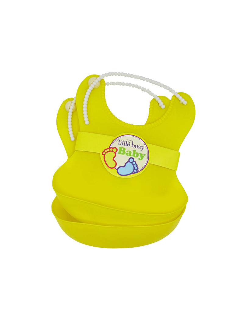 Little Busy Baby Set of 2 Yellow Waterproof Food Catcher Baby Bib with Large Pocket on white background- Little Busy Baby