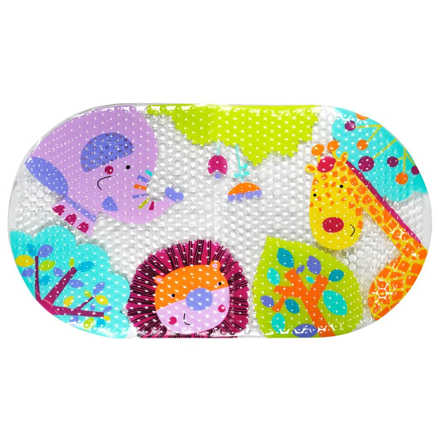 Non-Slip Jungle Safari Animals Bathmat for toddler or babies with bright colors.